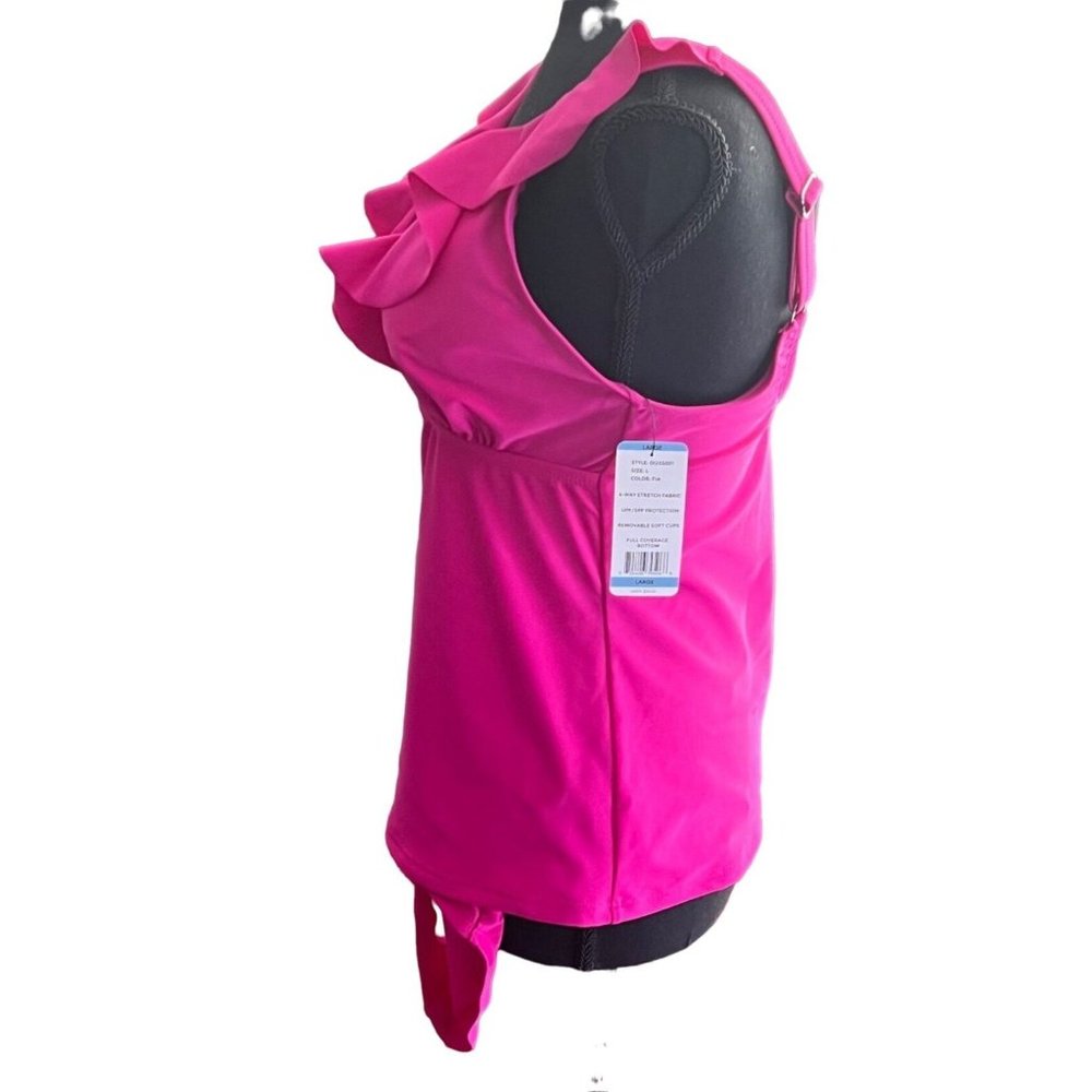 DKNY V-Neck Ruffle Tankini Pink Swimsuit Set Full Coverage Bottom Size Large - Picture 7 of 10